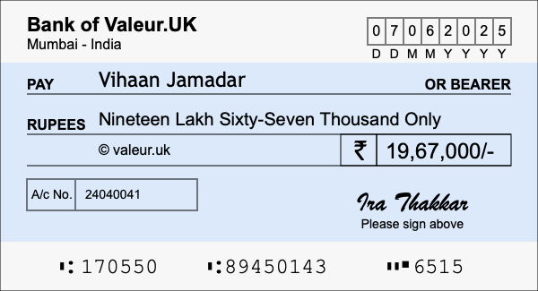 How to write a cheque for 19.67 lakh rupees How to write a cheque for 19.67 lakh rupees