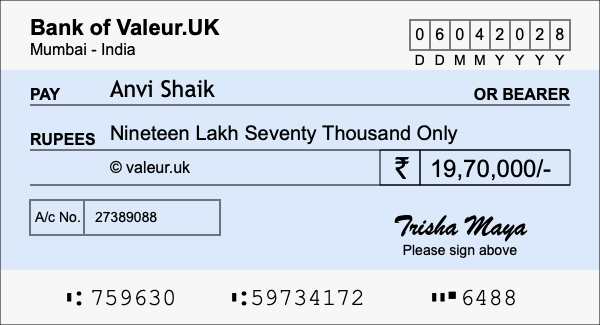 How to write a cheque for 19.7 lakh rupees