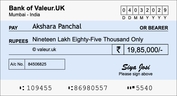 How to write a cheque for 19.85 lakh rupees