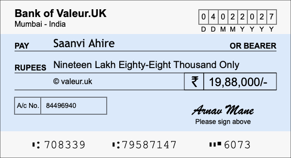 How to write a cheque for 19.88 lakh rupees