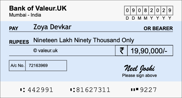 How to write a cheque for 19.9 lakh rupees How to write a cheque for 19.9 lakh rupees