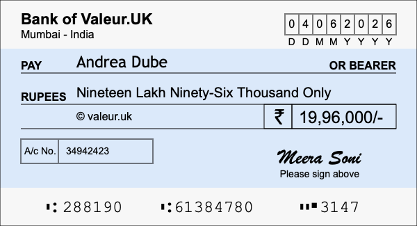 How to write a cheque for 19.96 lakh rupees