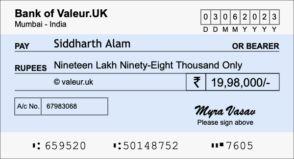 How to write a cheque for 19.98 lakh rupees