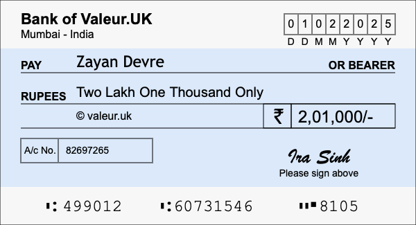 How to write a cheque for 2.01 lakh rupees