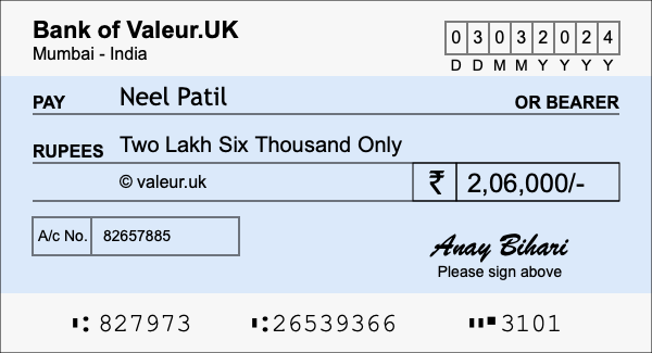 How to write a cheque for 2.06 lakh rupees