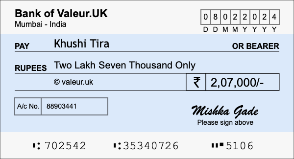 How to write a cheque for 2.07 lakh rupees