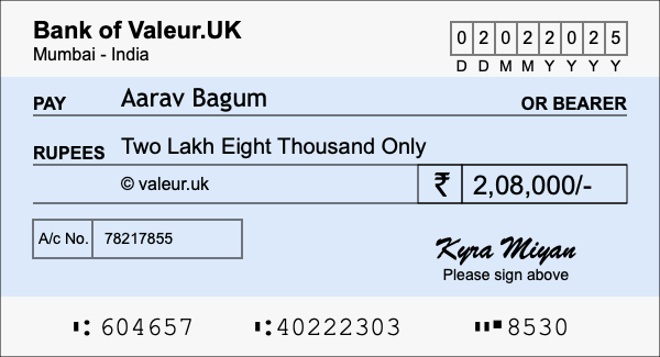 How to write a cheque for 2.08 lakh rupees