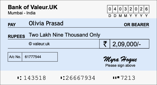 How to write a cheque for 2.09 lakh rupees