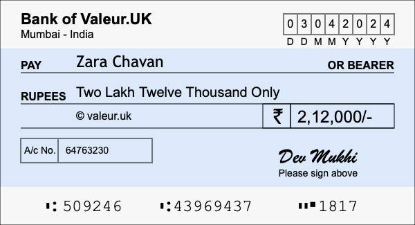 How to write a cheque for 2.12 lakh rupees