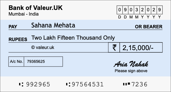 How to write a cheque for 2.15 lakh rupees