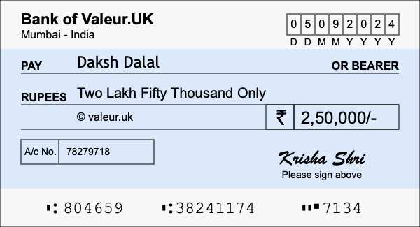 How to write a cheque for 2.5 lakh rupees