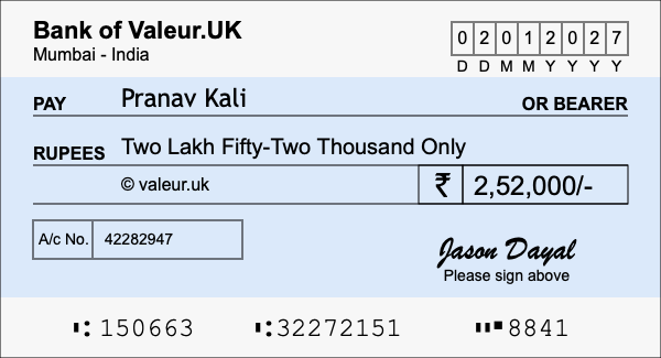 How to write a cheque for 2.52 lakh rupees