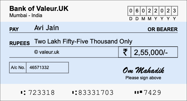 How to write a cheque for 2.55 lakh rupees