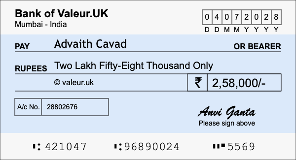 How to write a cheque for 2.58 lakh rupees