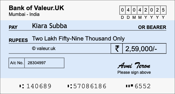 How to write a cheque for 2.59 lakh rupees