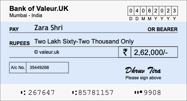 How to write a cheque for 2.62 lakh rupees