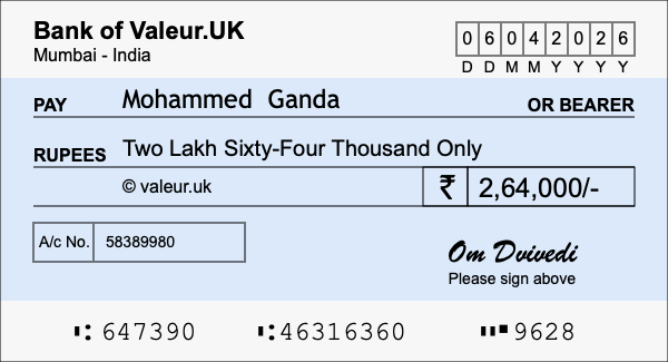 How to write a cheque for 2.64 lakh rupees