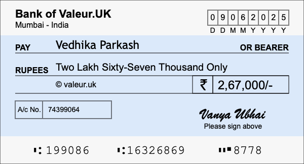 How to write a cheque for 2.67 lakh rupees