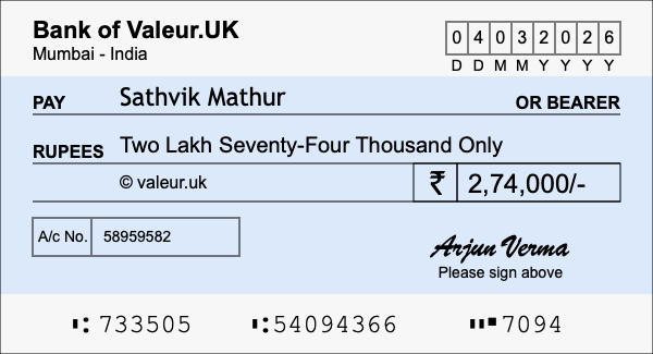 How to write a cheque for 2.74 lakh rupees