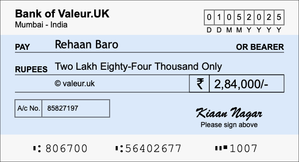 How to write a cheque for 2.84 lakh rupees