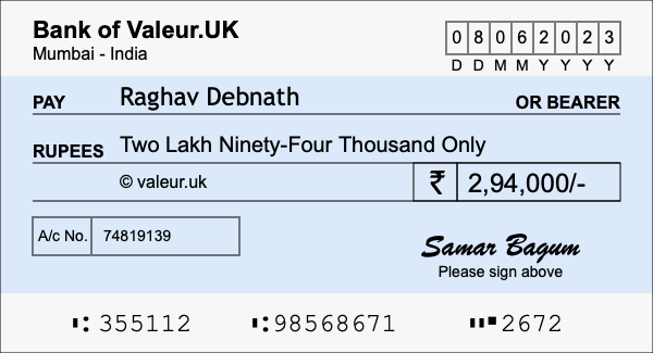 How to write a cheque for 2.94 lakh rupees