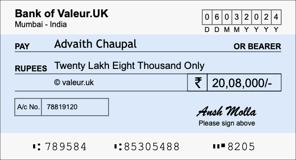 How to write a cheque for 20.08 lakh rupees