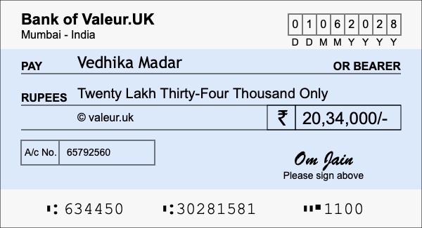 How to write a cheque for 20.34 lakh rupees How to write a cheque for 20.34 lakh rupees