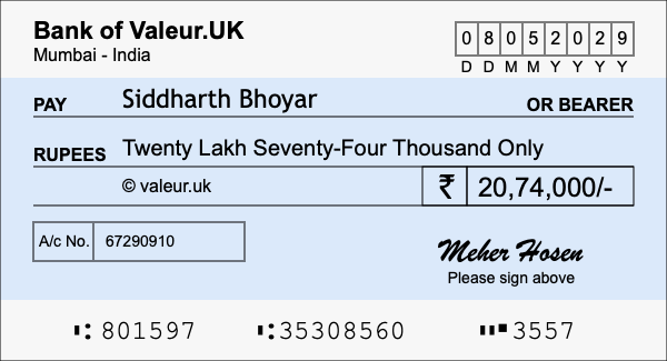 How to write a cheque for 20.74 lakh rupees