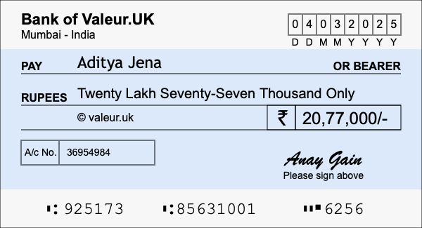 How to write a cheque for 20.77 lakh rupees