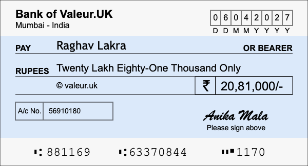 How to write a cheque for 20.81 lakh rupees How to write a cheque for 20.81 lakh rupees