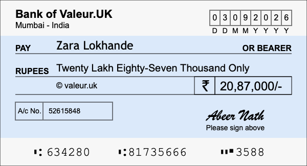 How to write a cheque for 20.87 lakh rupees