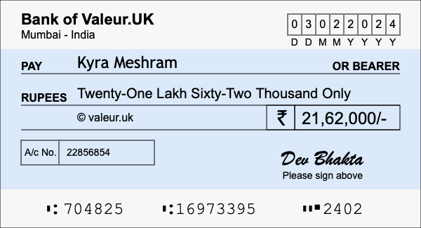 How to write a cheque for 21.62 lakh rupees