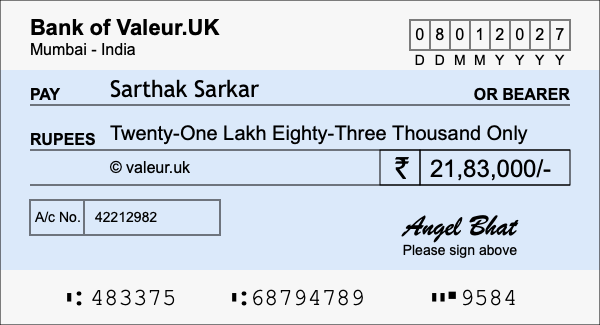 How to write a cheque for 21.83 lakh rupees