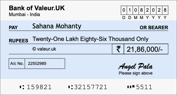 How to write a cheque for 21.86 lakh rupees