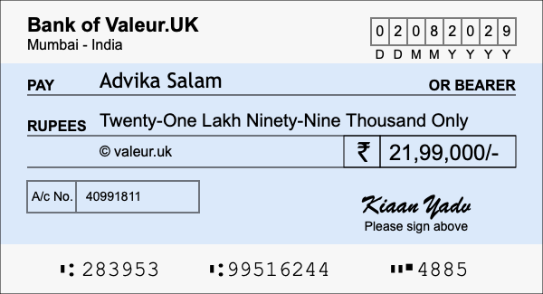 How to write a cheque for 21.99 lakh rupees