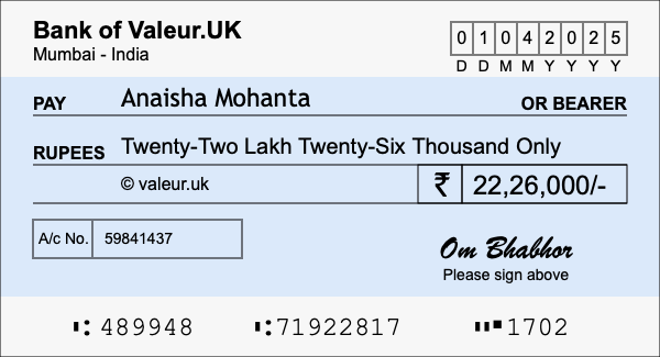 How to write a cheque for 22.26 lakh rupees