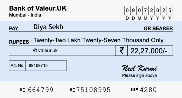 How to write a cheque for 22.27 lakh rupees