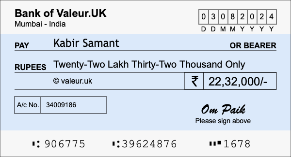 How to write a cheque for 22.32 lakh rupees