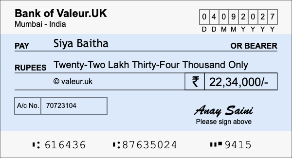 How to write a cheque for 22.34 lakh rupees
