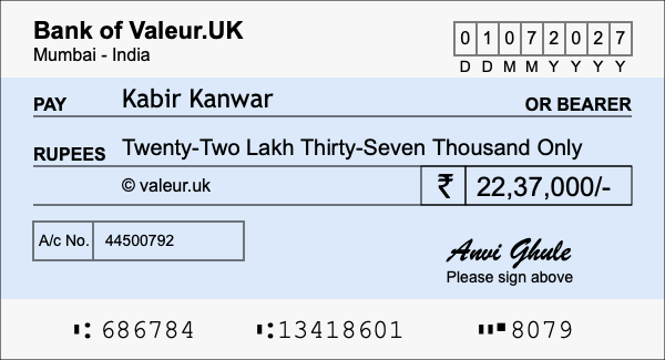 How to write a cheque for 22.37 lakh rupees