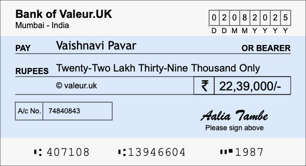 How to write a cheque for 22.39 lakh rupees