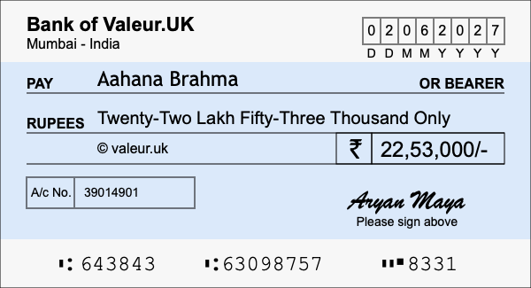 How to write a cheque for 22.53 lakh rupees