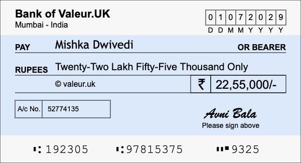 How to write a cheque for 22.55 lakh rupees