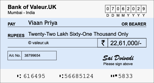 How to write a cheque for 22.61 lakh rupees