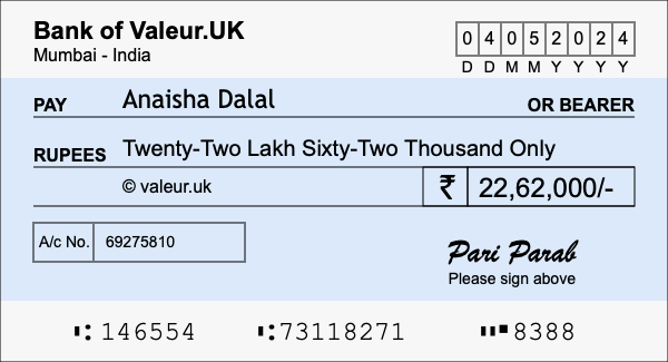How to write a cheque for 22.62 lakh rupees