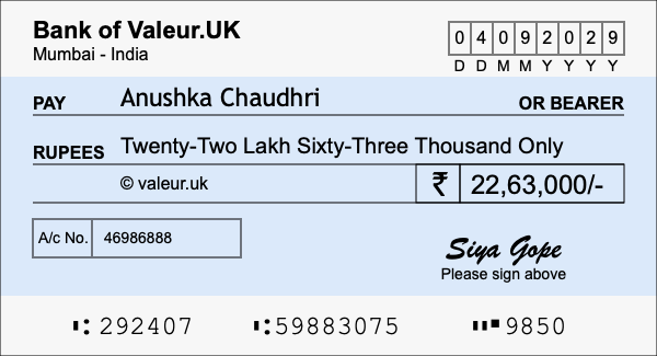 How to write a cheque for 22.63 lakh rupees