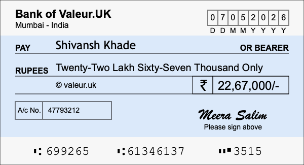 How to write a cheque for 22.67 lakh rupees