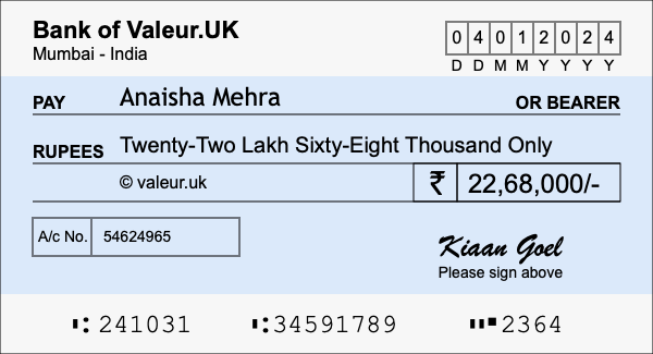 How to write a cheque for 22.68 lakh rupees
