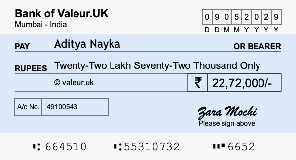 How to write a cheque for 22.72 lakh rupees