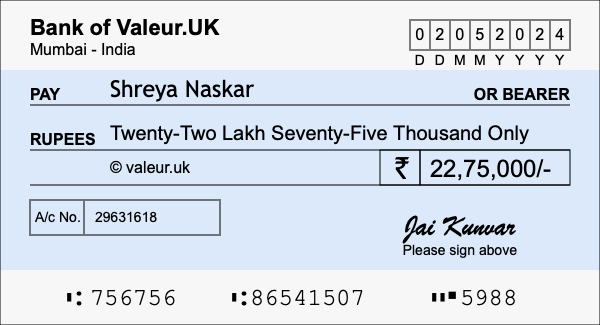 How to write a cheque for 22.75 lakh rupees